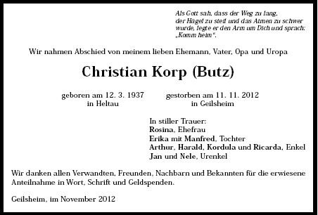 Korp Christian 1937-2012 Todesanzeige